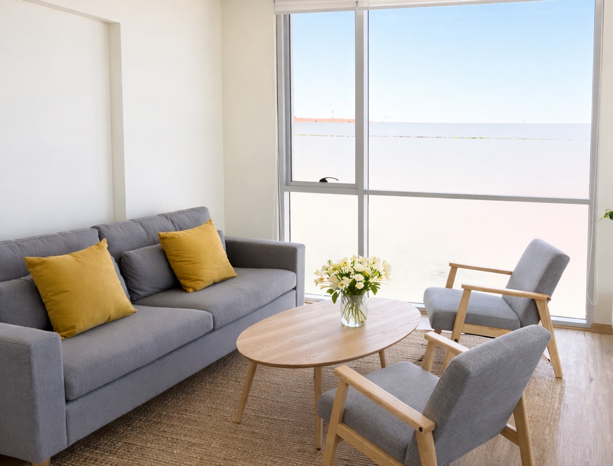 Sala de atención personalizada de QWORK con sofá, sillones y ventanal con luz natural